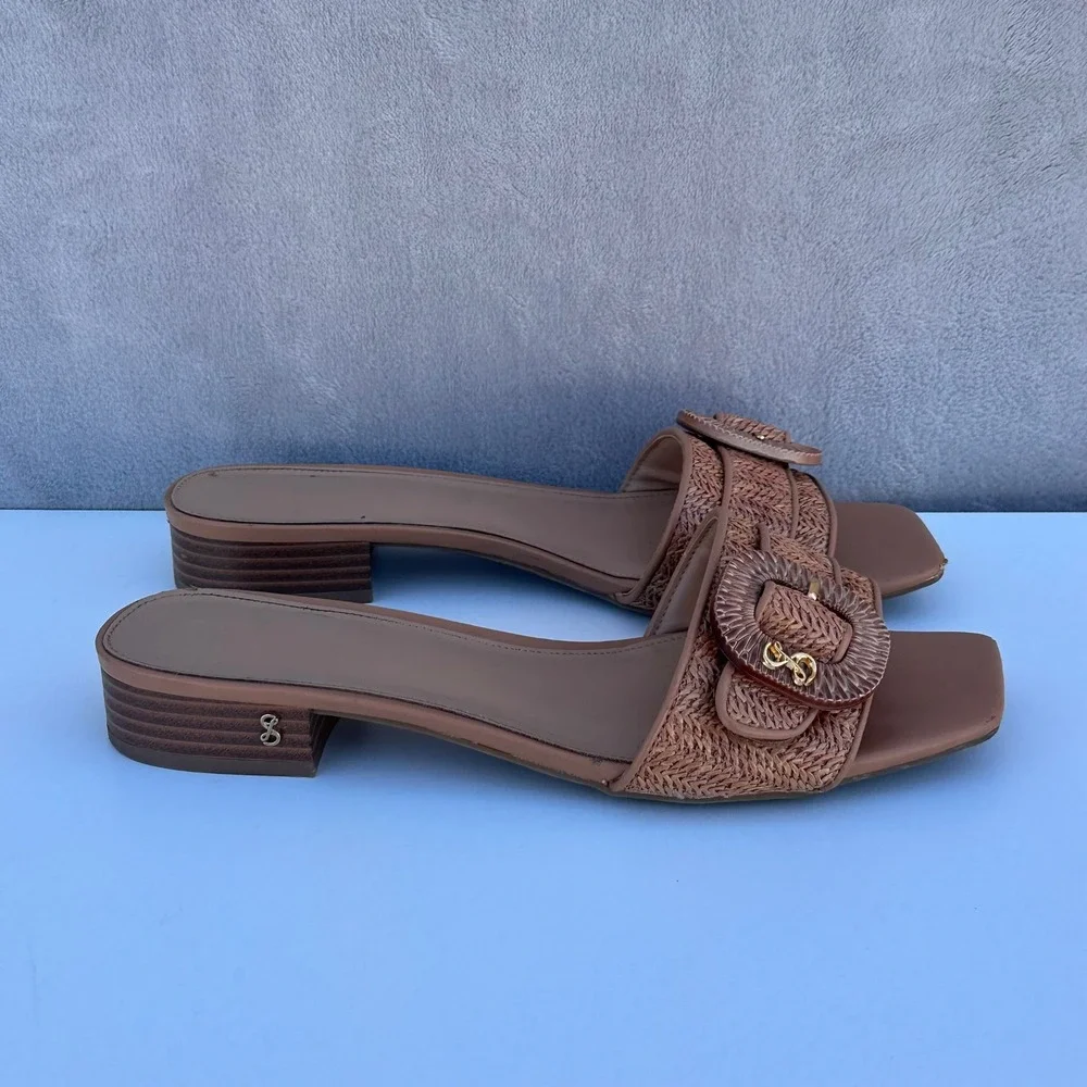 Sam & Libby Womens Woven Raffia Buckle Slide Sandals Tan Square Toe Block Heel